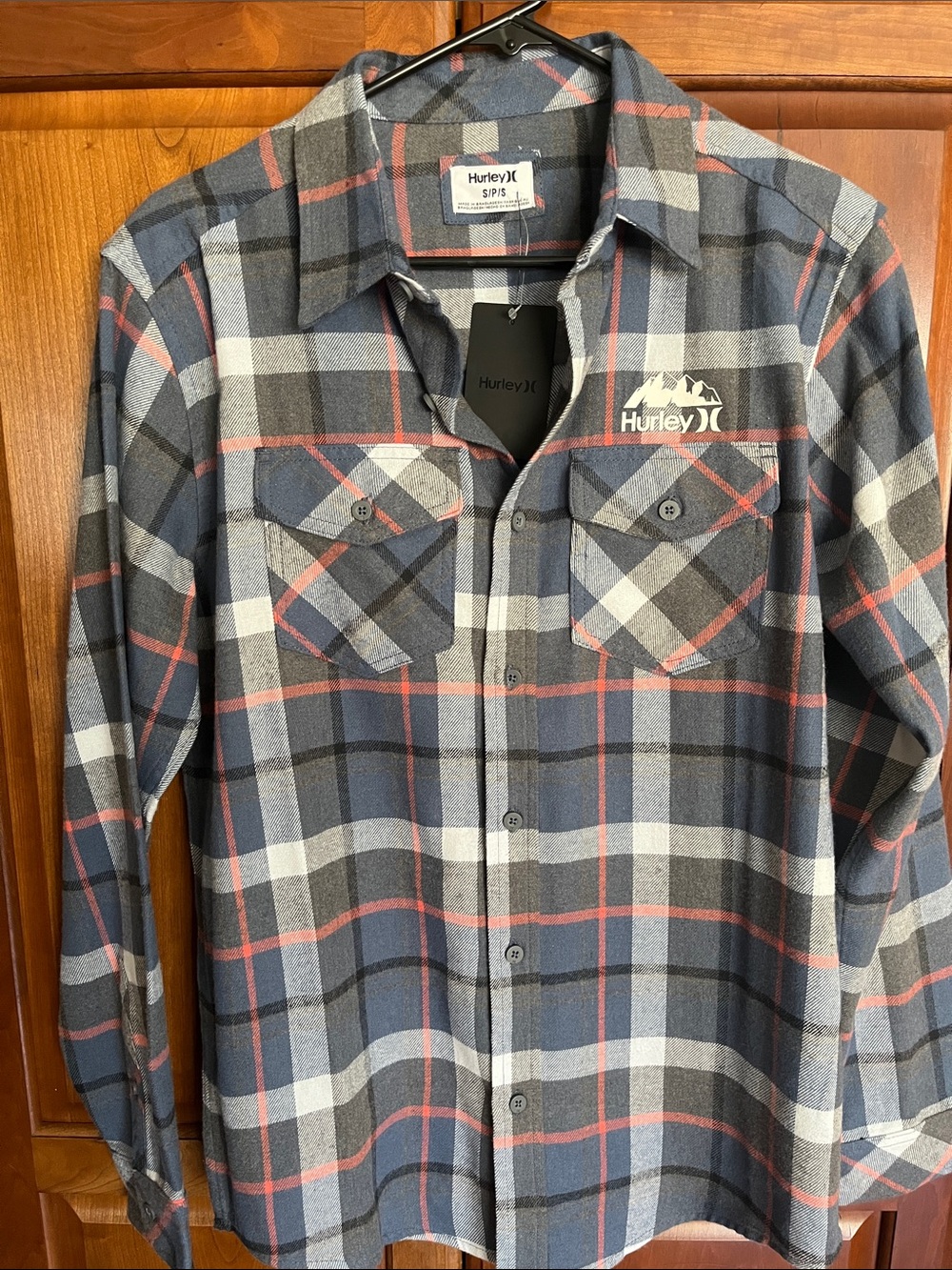 Hurley Men's Navy Gray Plaid Button-Down Shirt with Red Accents
